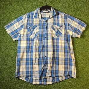Southpole‎ XXL Plaid Short Sleeve Shirt Blue White Grunge Distressed Y2K Casual